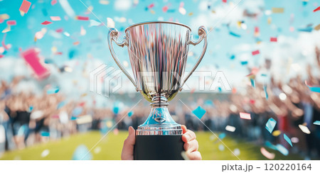 Athlete holding up a gold trophy cup . Grand stadium celebration with spotlight flare and confetti. 120220164
