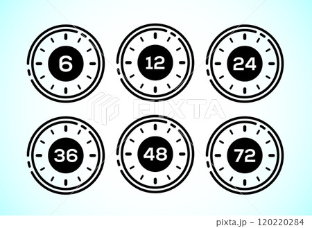 Work time icon design. 6, 12, 24, 36, 48 and 72 hours clock icons Work time icon design. 6, 12, 24, 36, 48 and 72 hours clock icons 120220284