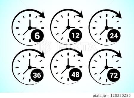 Work time icon design. 6, 12, 24, 36, 48 and 72 hours clock icons Work time icon design. 6, 12, 24, 36, 48 and 72 hours clock icons 120220286