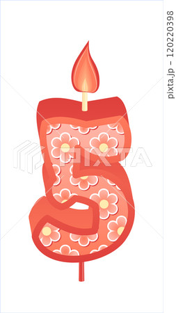 Happy Birthday cake font with pink yellow candle. five year, symbol of number anniversary. Quinceanera girl party decor. Cartoon vector illustration. 120220398