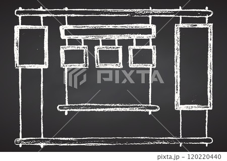 Shop window in interior of restaurant, cafe. bar. Shelves for dishes, glasses, bottles. Boards for menus, advertising and prices. Hand drawing sketch on chalkboard background. Vector illustration. 120220440