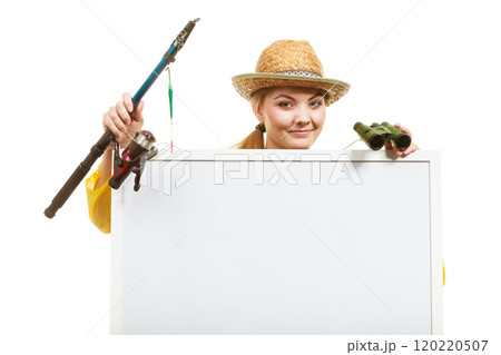 Happy woman with fishing rod holding board Happy woman with fishing rod holding board 120220507