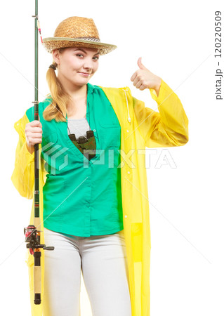 Woman with fishing rod, spinning equipment Woman with fishing rod, spinning equipment 120220509