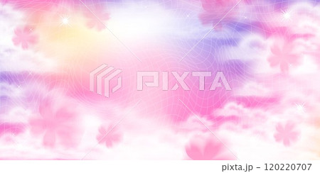 Cute y2k cloud sky sunset background with grid, stars and sakura flowers for girl party banner. Stock vector illustration in realistic style. 120220707