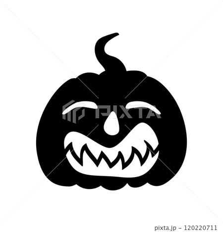 Jack-o-lantern pumpkin creepy face expression silhouette. Halloween party pumpkin carving. Stock vector illustration isolated on white background in flat style. 120220711