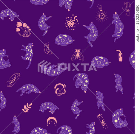 Mystical seamless pattern of cats in boho style, silhouette collection. Witchcraft and magic Mystical seamless pattern of cats in boho style, silhouette collection. Witchcraft and magic 120220880