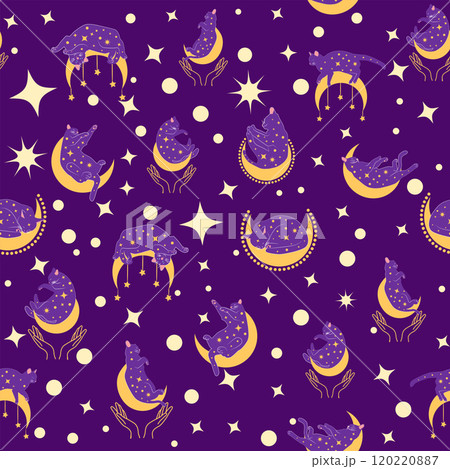 Mystical seamless pattern of cats in boho style, silhouette collection. Witchcraft and magic Mystical seamless pattern of cats in boho style, silhouette collection. Witchcraft and magic 120220887