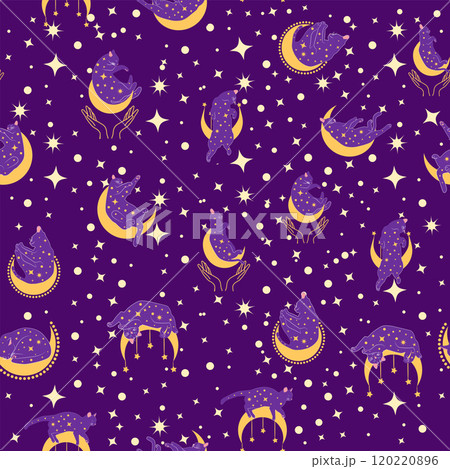 Mystical seamless pattern of cats in boho style, silhouette collection. Witchcraft and magic Mystical seamless pattern of cats in boho style, silhouette collection. Witchcraft and magic 120220896