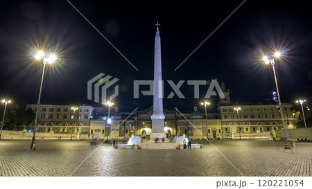 People are gathering under the central column on piazza del popolo during night timelapse hyperlapse 120221054