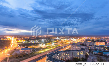 Park named after the First President of the Republic of Kazakhstan in the city of Aktobe day to night timelapse. Western Kazakhstan. 120221118