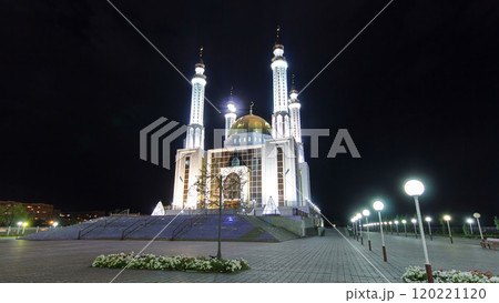 Mosque Nur Gasyr in the city of Aktobe night timelapse hyperlapse. Kazakhstan Mosque Nur Gasyr in the city of Aktobe night timelapse hyperlapse. Kazakhstan 120221120