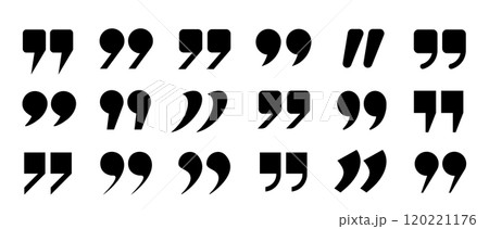 A set of flat quotation mark icons on a white background. A collection of quotation marks, isolated black vector icon in the form of a comma. 120221176