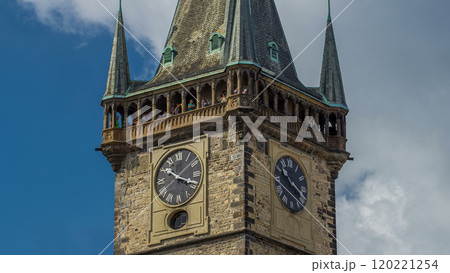 Old Town Hall tower of Prague timelapse hyperlapse with Astronomical Clock Orloj close up view, Czech Republic. 120221254