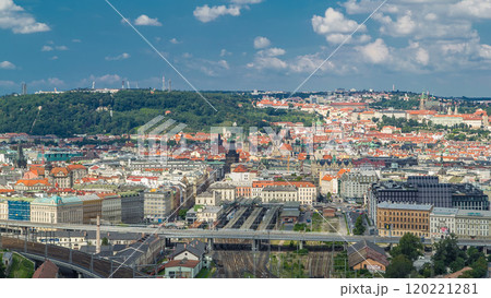 Panoramic view of Prague timelapse from the top of the Vitkov Memorial, Czech Republic Panoramic view of Prague timelapse from the top of the Vitkov Memorial, Czech Republic 120221281