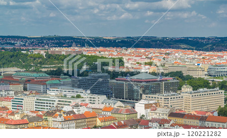 Panoramic view of Prague timelapse from the top of the Vitkov Memorial, Czech Republic Panoramic view of Prague timelapse from the top of the Vitkov Memorial, Czech Republic 120221282
