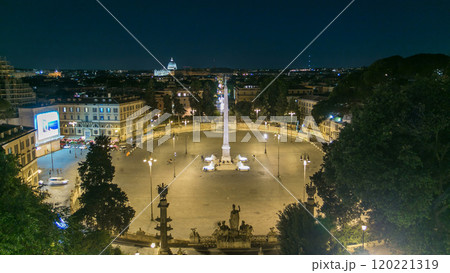 Aerial view of the large urban square, the Piazza del Popolo night timelapse, Rome 120221319