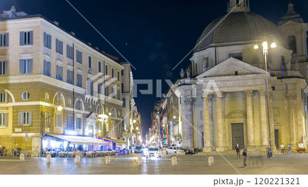 Piazza del Popolo timelapse with twin churches of Santa Maria in Montesanto and Santa Maria dei Miracoli Piazza del Popolo at night. Rome, Italy. 120221321