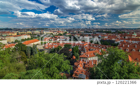 Panorama of Prague Old Town with red roofs timelapse, famous Charles bridge and Vltava river, Czech Republic. 120221366