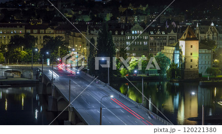Jirasek Bridge on the Vltava river night timelapse in Prague, Czech Republic 120221380