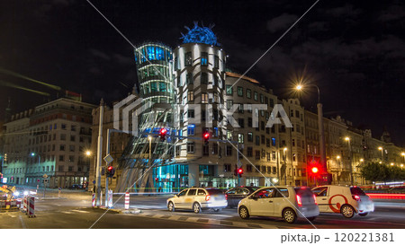 Metropolises Prague at night timelapse hyperlapse in the twilight, modern architecture, Czech republic. 120221381
