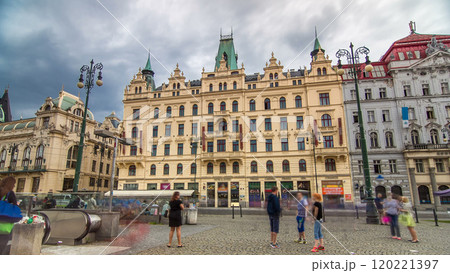 Art Nouveau buildings timelapse hyperlapse in Old Town by Prague Namesti Republiky station. Prague, Czech Republic Art Nouveau buildings timelapse hyperlapse in Old Town by Prague Namesti Republiky station. Prague, Czech Republic 120221397