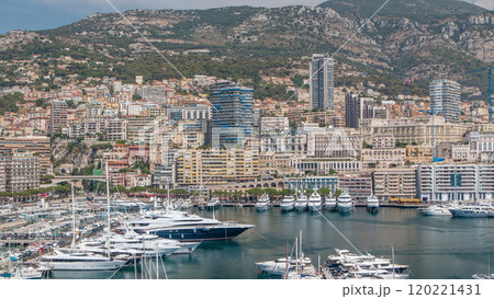 Monte Carlo city aerial panorama timelapse. View of luxury yachts and apartments in harbor of Monaco, Cote d'Azur. 120221431