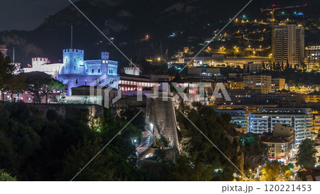 Prince's Palace of Monaco illuminated by night timelapse with observation deck 120221453
