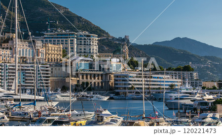 Monte Carlo Port Hercule panorama timelapse. View of luxury yachts and casino of Monaco, Cote d'Azur. Monte Carlo Port Hercule panorama timelapse. View of luxury yachts and casino of Monaco, Cote d'Azur. 120221473