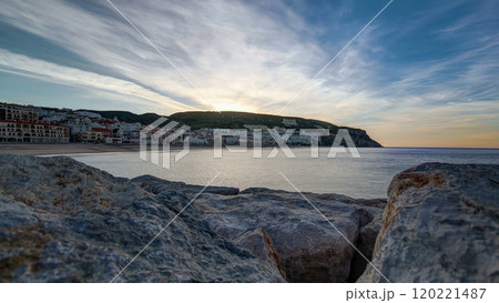 Sunrise at Small town of Sesimbra Portugal, panorama timelapse 120221487