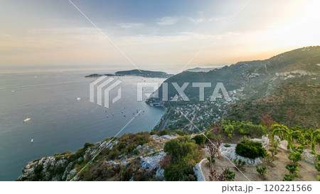 Scenic timelapse view of the Mediterranean coastline of the town of Eze village on the French Riviera 120221566