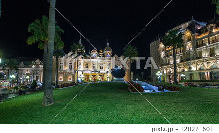 Square with Grand Casino in Monte Carlo night timelapse hyperlapse, Monaco. historical buildings 120221601