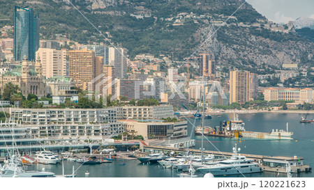 Monte Carlo city aerial panorama timelapse. View of luxury yachts and buildings in harbor of Monaco, Cote d'Azur. Monte Carlo city aerial panorama timelapse. View of luxury yachts and buildings in harbor of Monaco, Cote d'Azur. 120221623