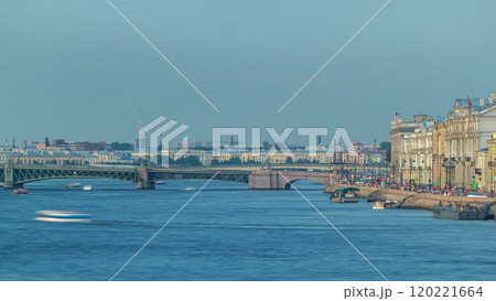 Trinity bridge timelapse and pier on the Palace embankment clear day in summer in Saint-Petersburg Trinity bridge timelapse and pier on the Palace embankment clear day in summer in Saint-Petersburg 120221664