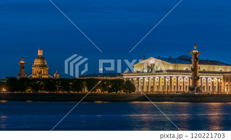 View of the Old Stock Exchange timelapse, rastralnye column, St. Isaac's Cathedral. St. Petersburg Russia 120221703