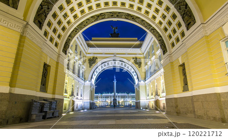 View of the Alexander Column through the arch of the General Staff timelapse hyperlapse. View of the Alexander Column through the arch of the General Staff timelapse hyperlapse. 120221712