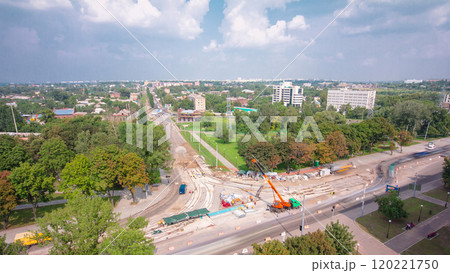 Road construction site with tram tracks repair and maintenance aerial timelapse. 120221750