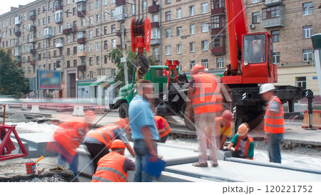 Road construction site with tram tracks repair and maintenance timelapse. 120221752