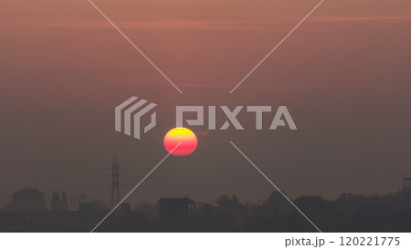 Sunrise at city with high-voltage power transmission line timelapse Sunrise at city with high-voltage power transmission line timelapse 120221775