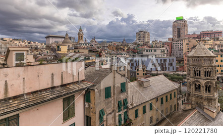 Aerial panoramic view of european city Genoa timelapse from above of old historical centre quarter districts, Liguria, Italy Aerial panoramic view of european city Genoa timelapse from above of old historical centre quarter districts, Liguria, Italy 120221780