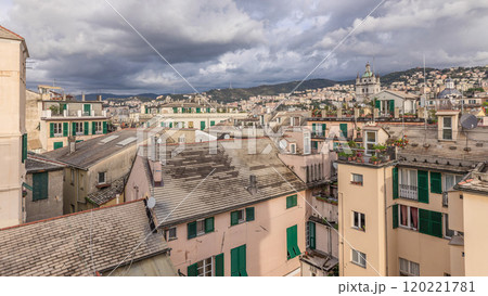 Aerial panoramic view of European city Genoa timelapse from above of old historical centre quarter districts, Liguria, Italy Aerial panoramic view of European city Genoa timelapse from above of old historical centre quarter districts, Liguria, Italy 120221781