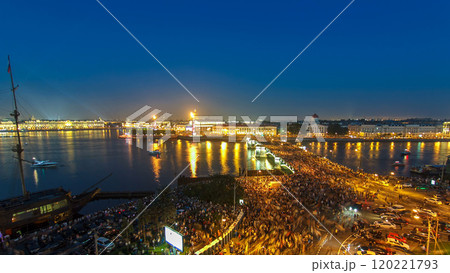 Night view of spit of Vasilyevsky Island and Birzhevoy Bridge with rostral column timelapse, Saint Petersburg, Russia. Night view of spit of Vasilyevsky Island and Birzhevoy Bridge with rostral column timelapse, Saint Petersburg, Russia. 120221793