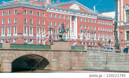 Anichkov Bridge is first and most famous bridge across Fontanka River timelapse. SAINT PETERSBURG, RUSSIA Anichkov Bridge is first and most famous bridge across Fontanka River timelapse. SAINT PETERSBURG, RUSSIA 120221795