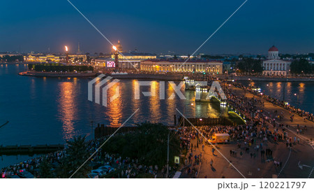 Night view of spit of Vasilyevsky Island and Birzhevoy Bridge with rostral column timelapse, Saint Petersburg, Russia. 120221797