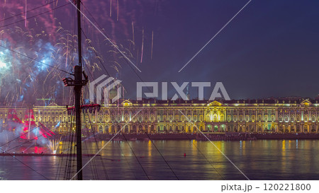 Fireworks timelapse over the city of St. Petersburg Russia on the feast of Scarlet Sails, view from rooftop. 120221800