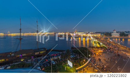 Night view of spit of Vasilyevsky Island and Birzhevoy Bridge with rostral column timelapse, Saint Petersburg, Russia. Night view of spit of Vasilyevsky Island and Birzhevoy Bridge with rostral column timelapse, Saint Petersburg, Russia. 120221802