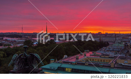 Sunrise over historic center from the colonnade of St. Isaac's Cathedral timelapse. 120221833