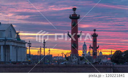 Sunset over Strelka - Spit of Vasilyevsky Island with Rostral Columns timelapse in Saint Petersburg, Russia 120221841