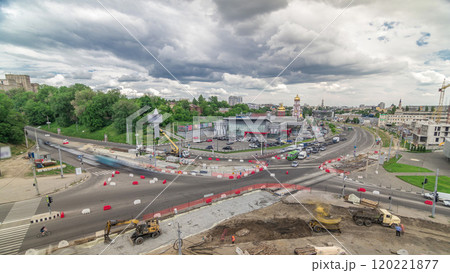 Aerial view of a large city intersection with road construction site urban works timelapse. Aerial view of a large city intersection with road construction site urban works timelapse. 120221877
