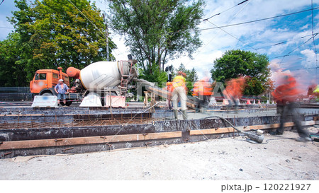 Road construction site with tram tracks repair and maintenance timelapse hyperlapse. Road construction site with tram tracks repair and maintenance timelapse hyperlapse. 120221927