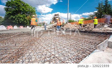 Road construction site with tram tracks repair and maintenance timelapse hyperlapse. Road construction site with tram tracks repair and maintenance timelapse hyperlapse. 120221939